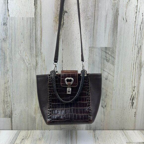 Brighton brown leather croc print shoulder bag with silver tone hardware - Picture 1 of 12